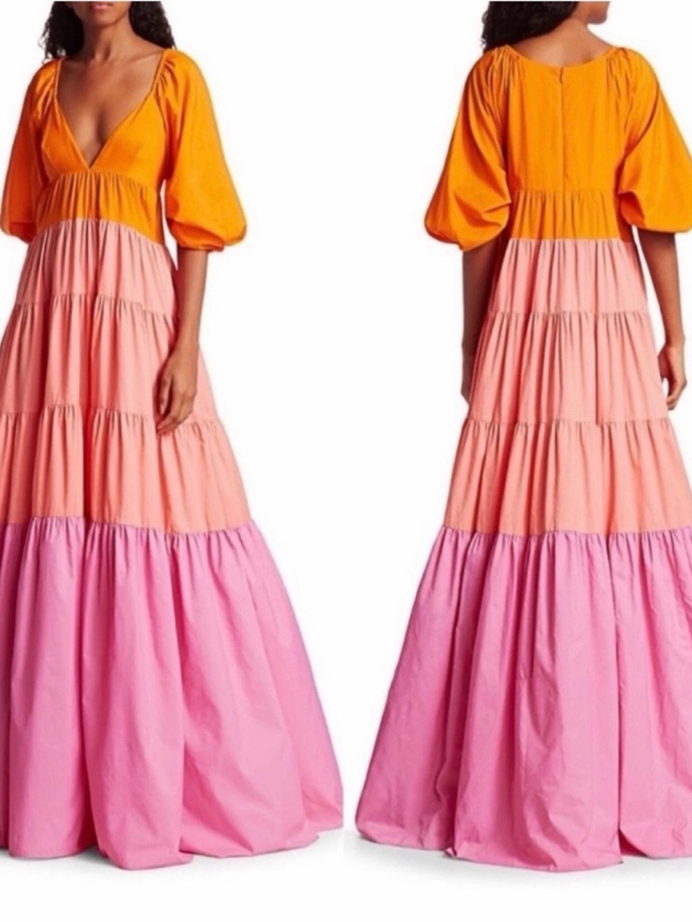 STAUD Colorblock Tiered Maxi Dress in Orange, Coral and Pink